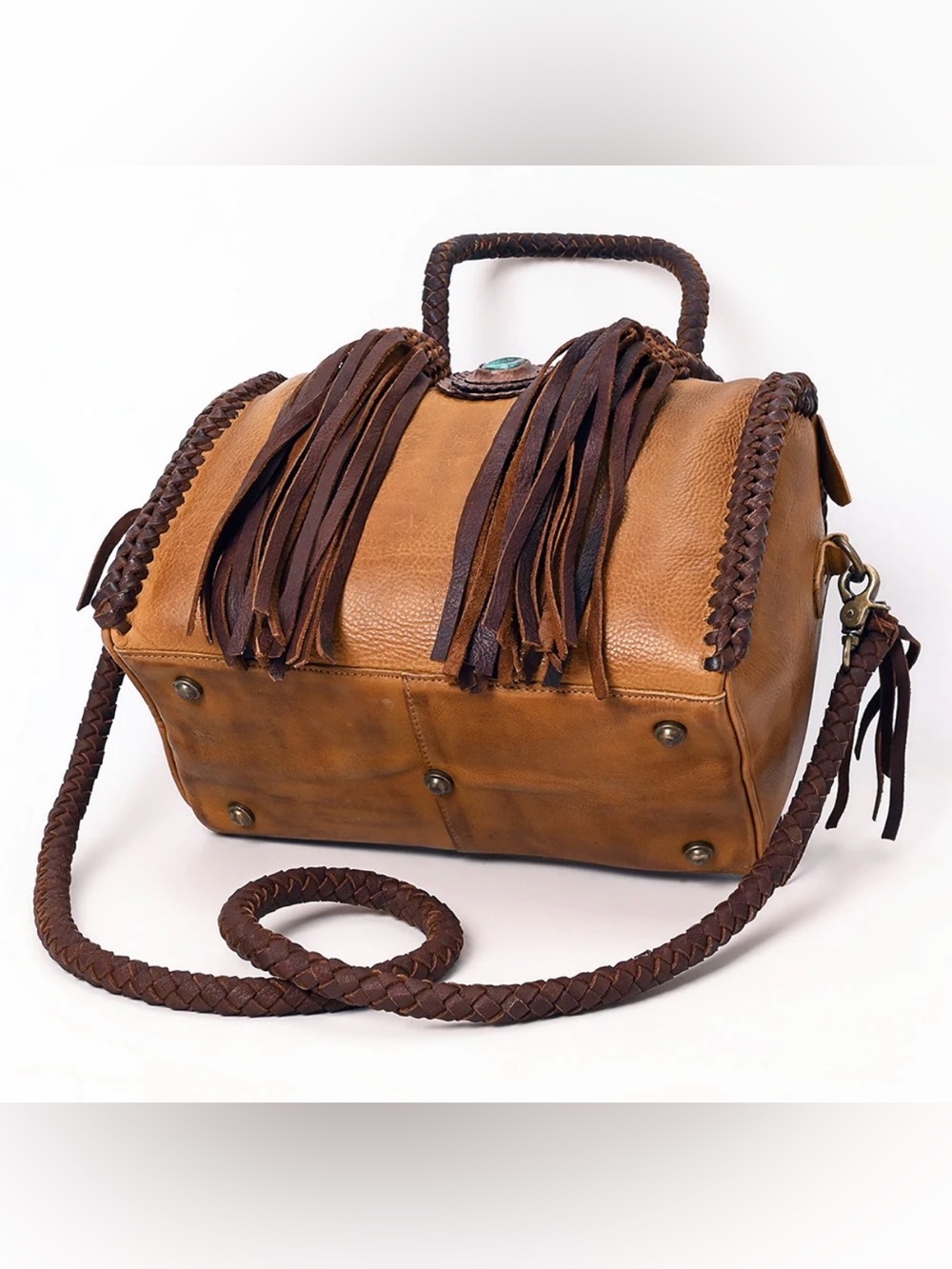 Western Boho Tassel Leather Satchel in Tan and Brown - Picture 4 of 6